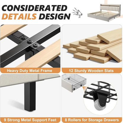 King size bed frame with storage space and headboard, king size bed frame with 2 drawers, noiseless and no need for a spring box