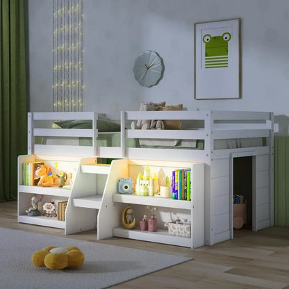 Loft Bed with LED Lights, Stairs & Safety Guardrail, Storage Bookcase and Under-Bed Play Space, Twin Loft Bed