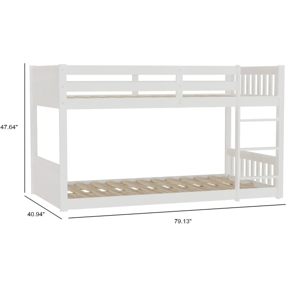 Litera baja de madera maciza para niños, bebés y jóvenes, estructura de litera con barandillas y escalera para niños y niñas, color blanco