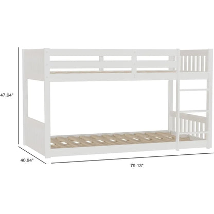 Litera baja de madera maciza para niños, bebés y jóvenes, estructura de litera con barandillas y escalera para niños y niñas, color blanco