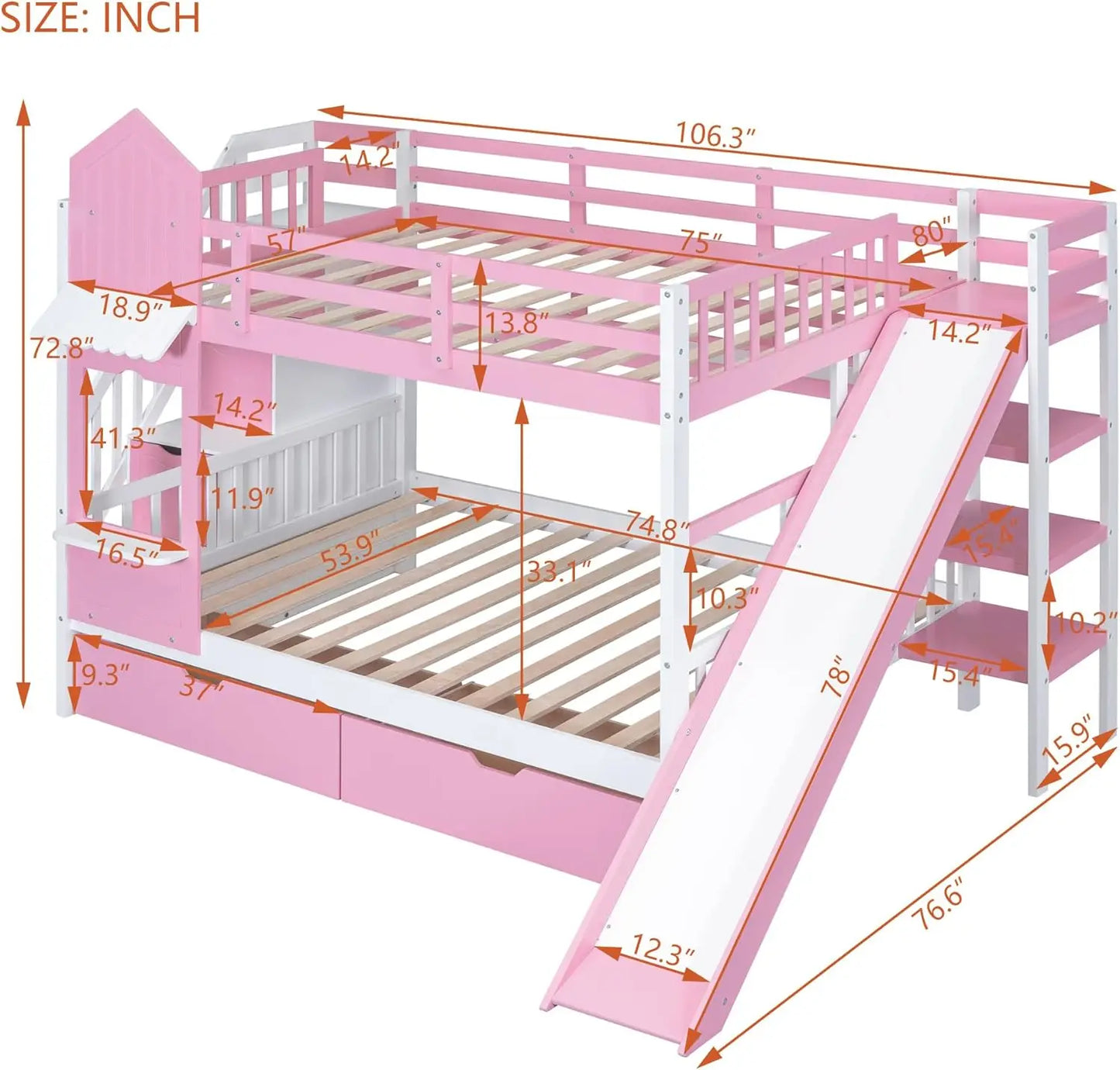 Cadre de lit superposé en bois Softsea, meubles de chambre à coucher pleine grandeur, lit superposé pour enfant complet sur complet avec tiroirs, toboggan et escalier,