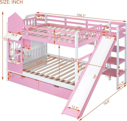 Cadre de lit superposé en bois Softsea, meubles de chambre à coucher pleine grandeur, lit superposé pour enfant complet sur complet avec tiroirs, toboggan et escalier,