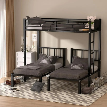 L-Shaped Triple Bunk Bed with Drawers for 3 Kids,Can Be Divided Into 3 Separate Beds W/Safety Textilene Guardrals, Bed Frame