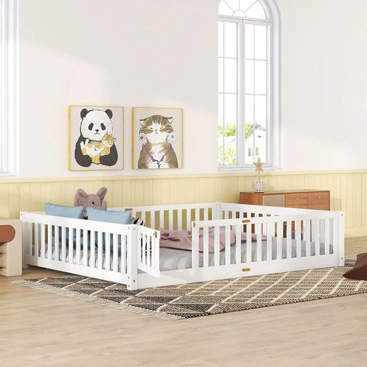 Size Floor Bed Frame for Toddler Wood Montessori Beds with Fence Railings Kids, Fun Toddlers Boys Girls, White