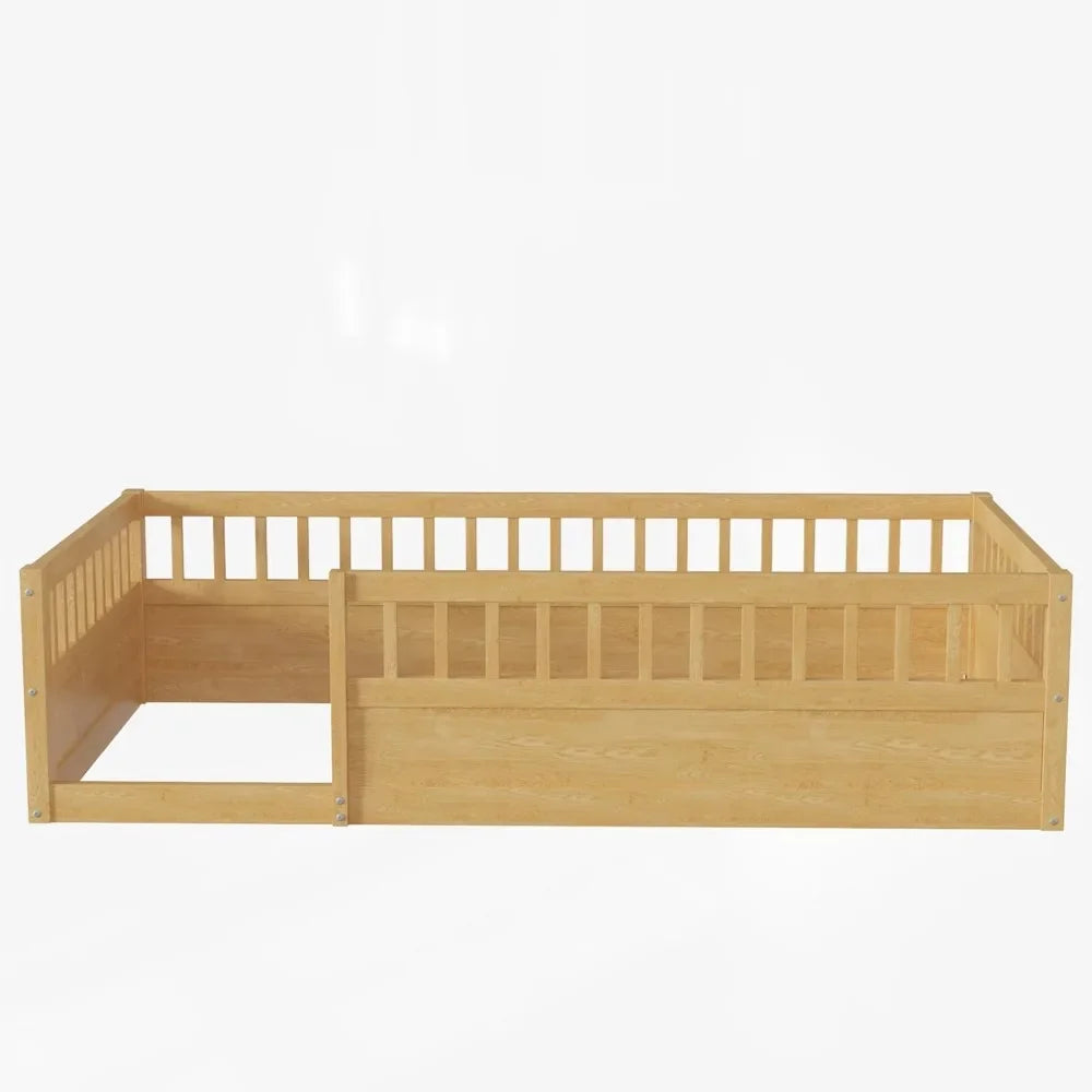 Cama Montessori de tamaño doble con valla, estructura de cama de piso para niños pequeños con barandales altos para dormitorio de niños, niños pequeños, niñas