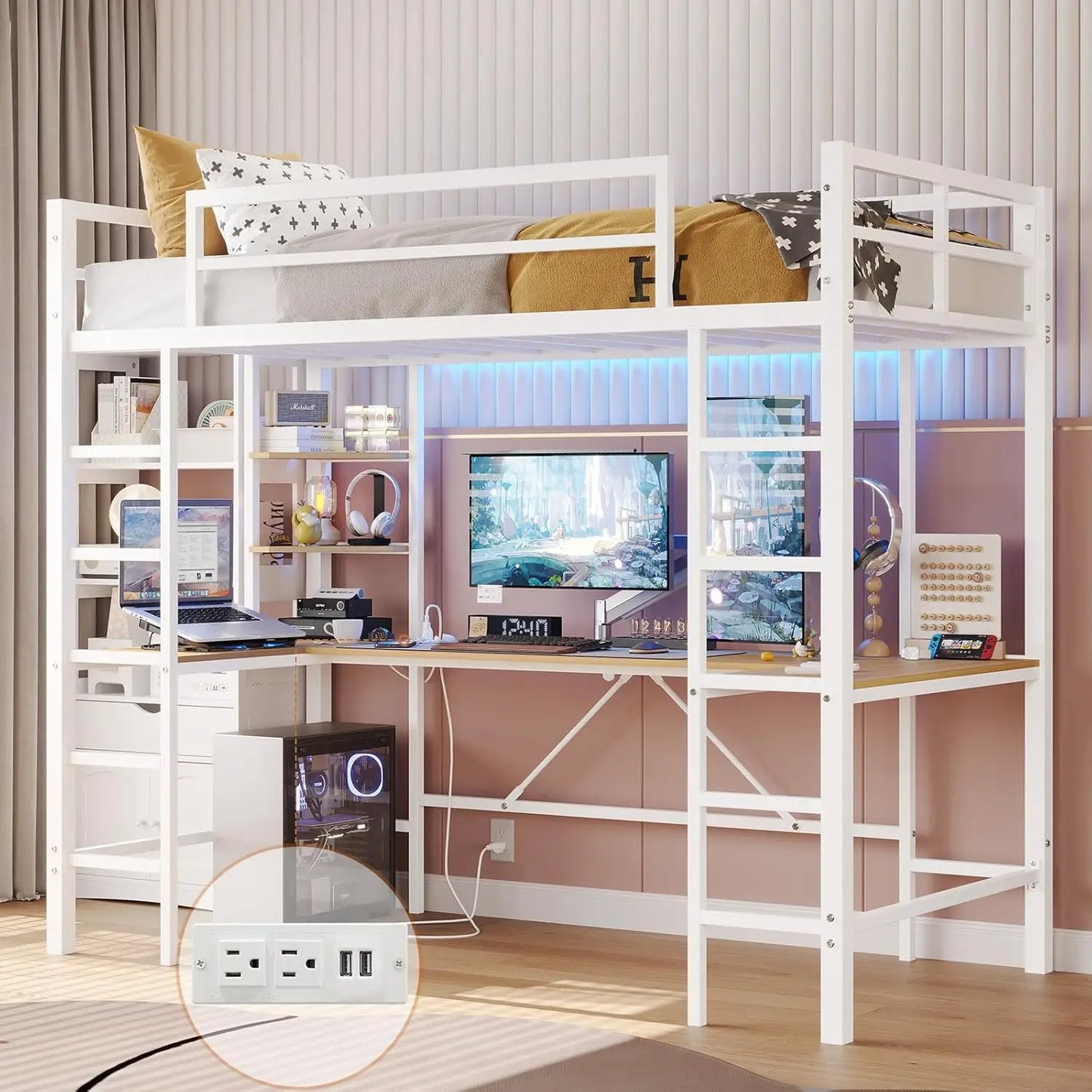 Twin Size Loft Bed, Desk and Led Lights Metal Loft Bed with Storage Shelves and Drawers Twin Junior Bed with Clothes Rail, Bed