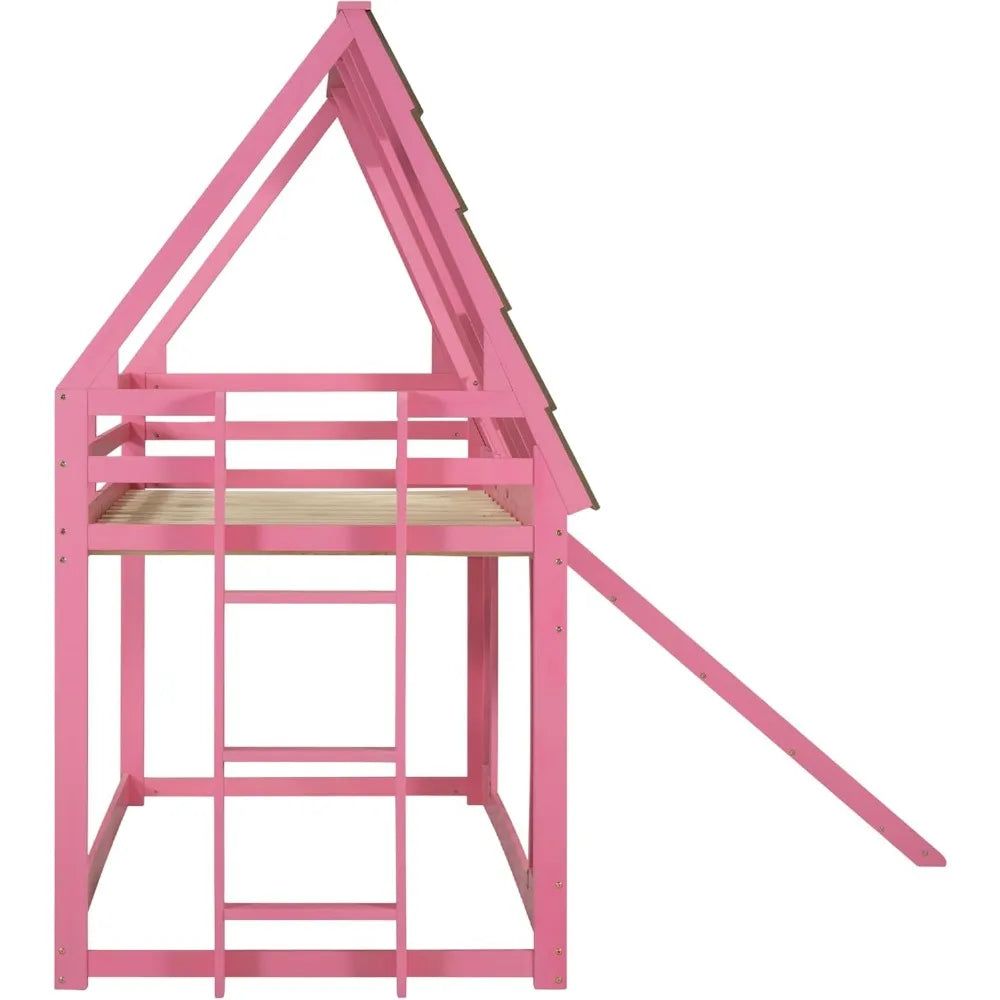 Pink House Bunk Bed with Roof Low Bunk Bed with Slide for Girls, Twin Over Twin, with slide, with built-in ladder