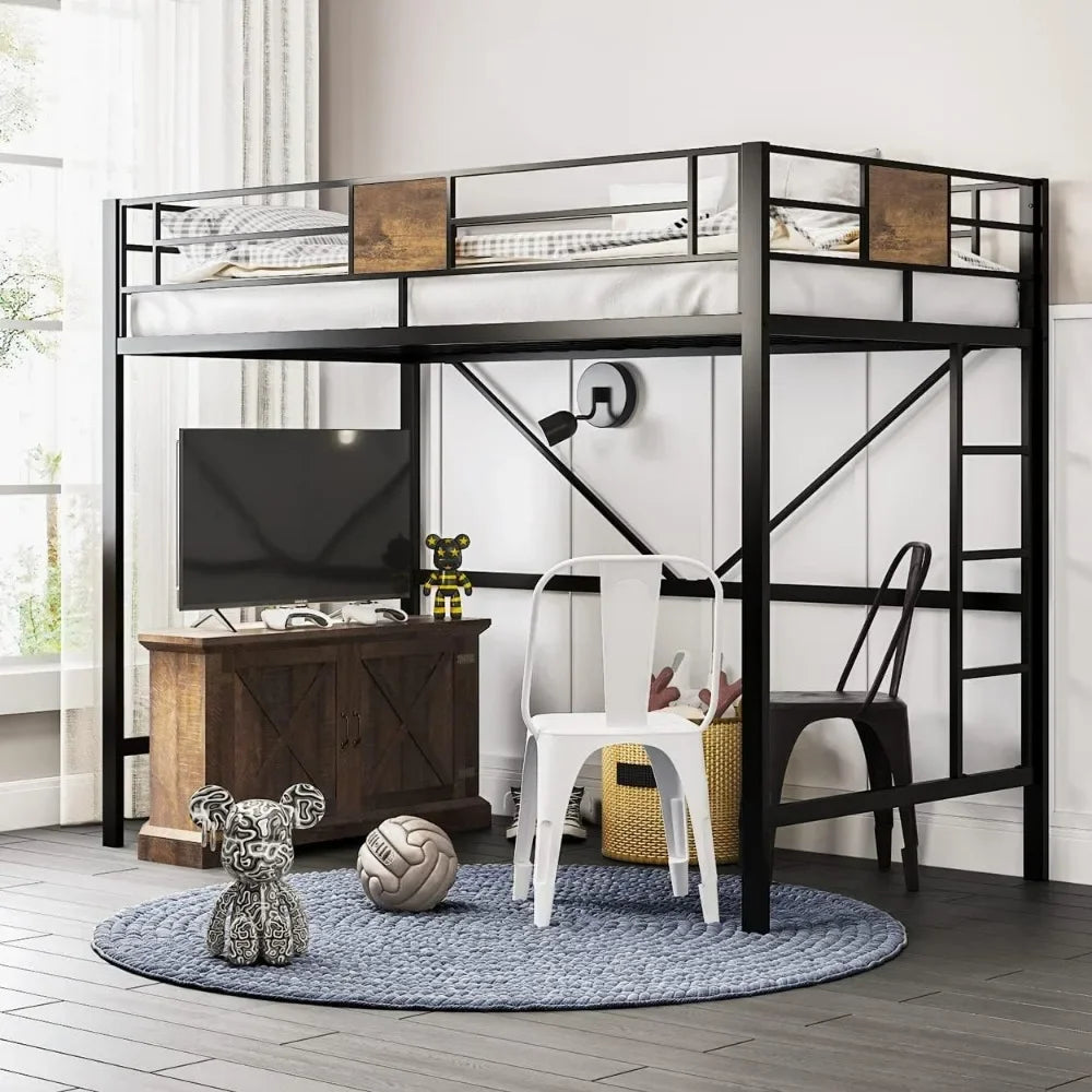 Cama alta de metal con dos camas individuales, escaleras y barandilla de longitud completa, ahorra espacio, para niños y adultos, sin ruido, color negro