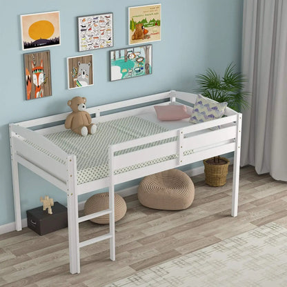 Cama alta doble, cama alta baja de madera maciza con barandilla y escalera, cama doble para niños y niñas para habitación de niños, no necesita somier, clase