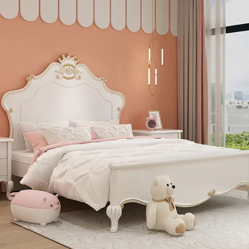 Cama doble de lujo de madera de princesa para niños, moderna cama individual blanca tipo loft, juego de dormitorio para niñas y niños