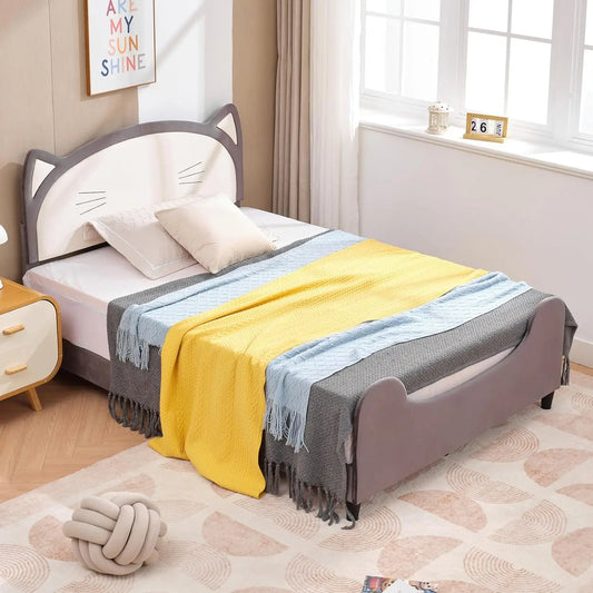 Estructura de cama doble para niños, cama para niños con cabecero en forma de gato, cabecero tapizado de piel sintética, estructura de cama doble para niños