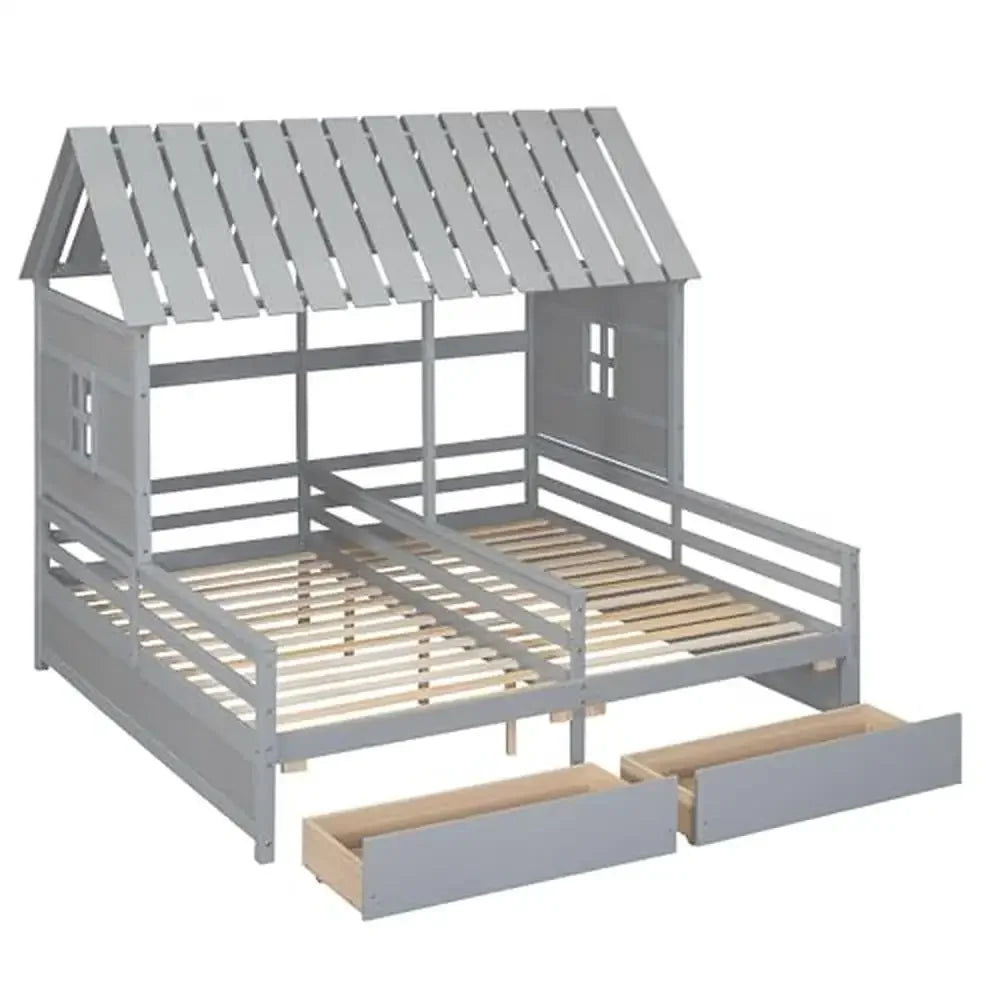 Lit superposé en bois pour deux personnes avec toit et 2 tiroirs de rangement Plateforme sécurisée Solution peu encombrante pour enfants Bois de pin robuste