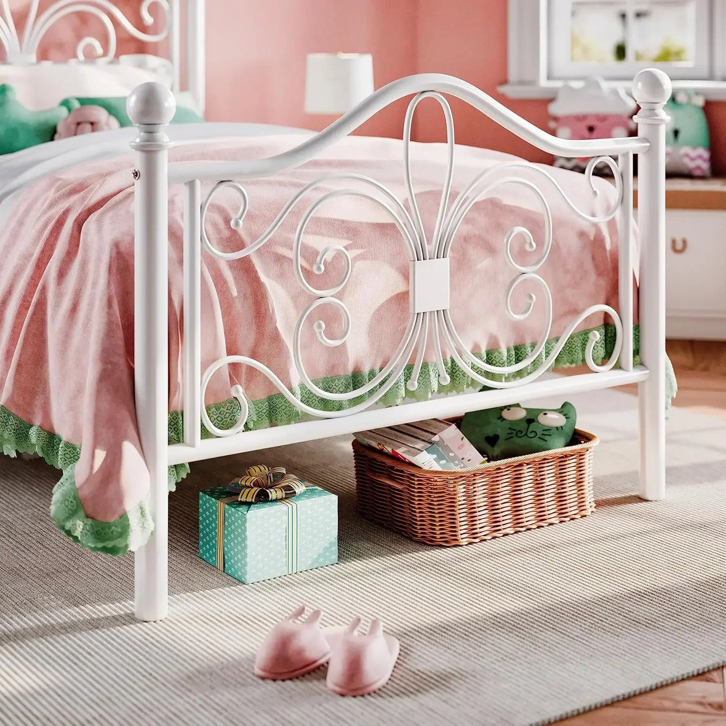 Twin Size Bed Frame for Kids,Metal Bed Frame with Butterfly Pattern Design Headboard  ,No Box Spring Needed