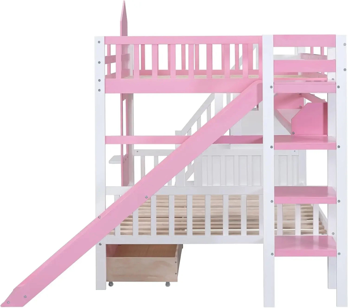 Softsea Wood Bunk Bed Frame Full Size Bedroom Furniture, Kid'S Bunk Bed Full Over Full With Drawers And Slide And Staircase,