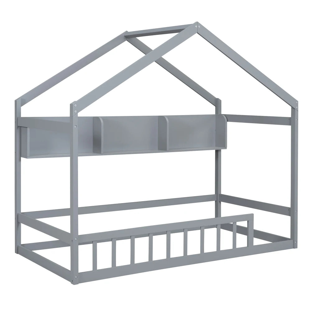 Lit cabane double en bois avec étagère de rangement, lit pour enfants avec clôture et toit, qualité supérieure, peu encombrant