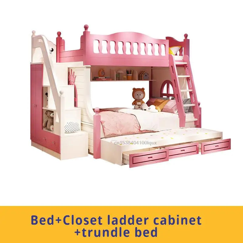 Loft Bed With Drawers Creative And Lovely Pink Two-Story Furniture For Girls From 5 To 8 Years Old Fashion Hot Sale Kids Beds