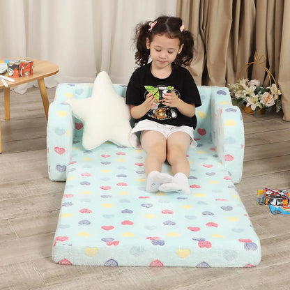 Wider Seating Toddler Couch, 2-in-1 Toddler Soft Couch Fold Out with Star Pillow, Convertible Sofa to Lounger for Girls an