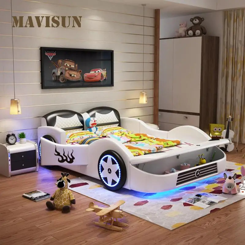 Lit de luxe personnalisé pour enfant garçon, garde-corps, lit de voiture de sport, lit de dessin animé, porte de rangement, cabine, meubles de chambre à coucher, lit de voiture pour enfants