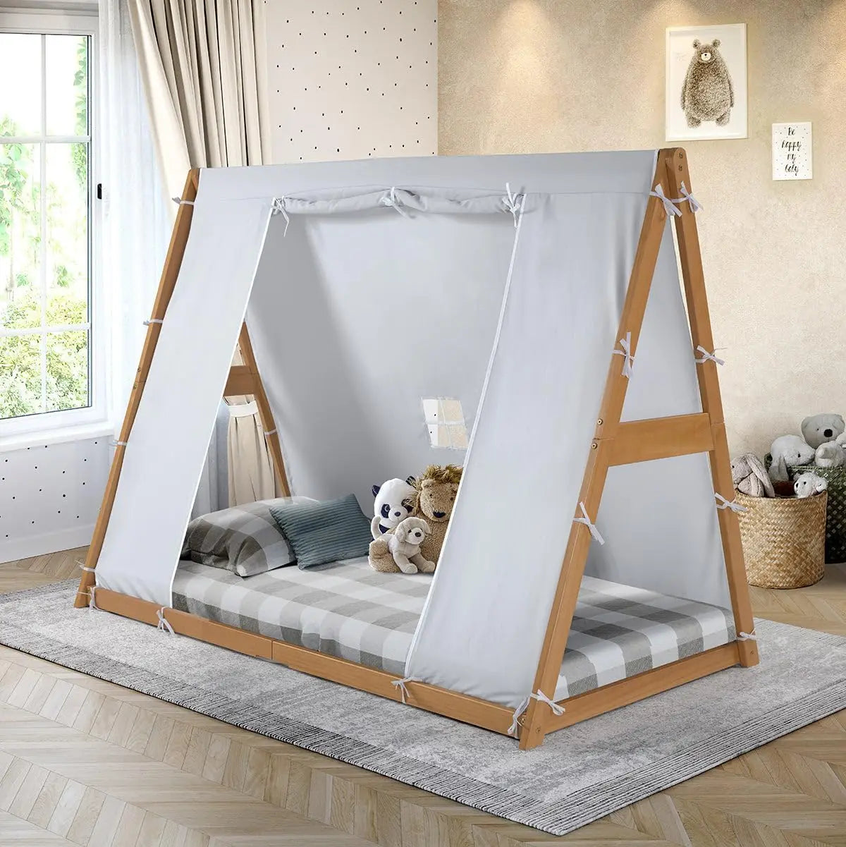 Tent Twin Floor Bed - Natural or White Frame, Grey, Children’s Bedroom Furniture … (Natural Frame)