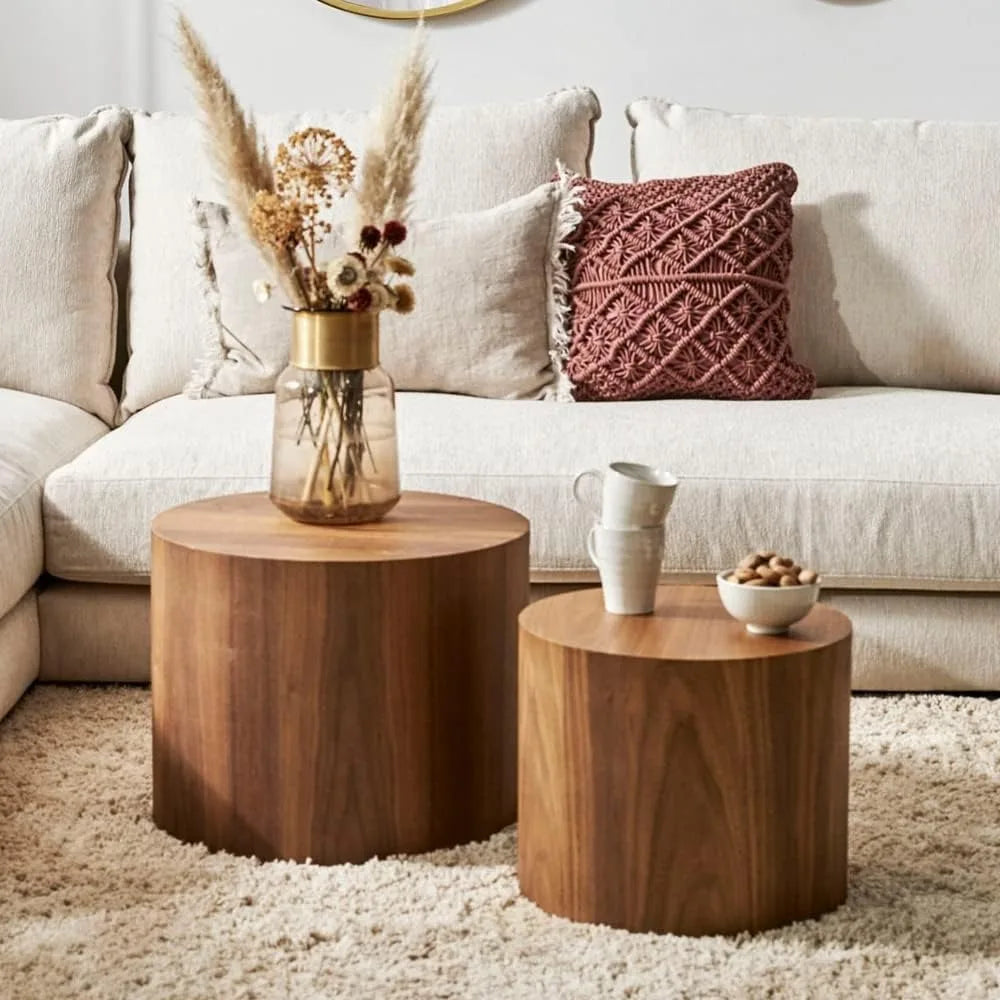 Nesting Coffee Table Set of 2, Walnut Round Wooden Coffee Tables Modern Circle Table for Small Space Living Room Bedroom