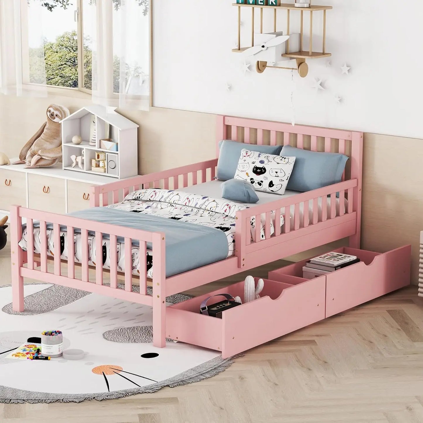 Twin Bed with Guardrails, Low Platform Bed with Headboard and Footboard, Pink Children Bed Frame with 2 Drawers for Boy Girl