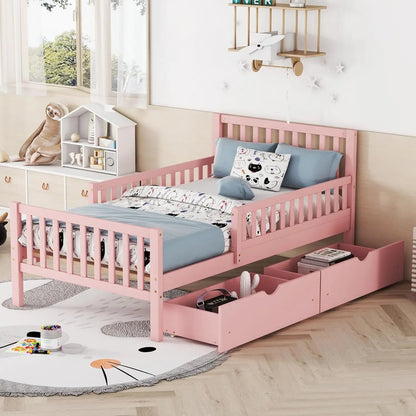 Cama individual con barandillas, cama de plataforma baja con cabecero y pie de cama, estructura de cama infantil rosa con 2 cajones para niño y niña