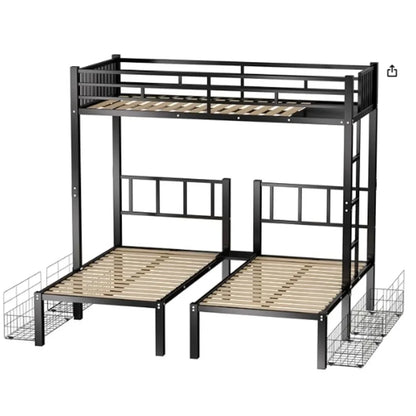 L-Shaped Triple Bunk Bed with Drawers for 3 Kids,Can Be Divided Into 3 Separate Beds W/Safety Textilene Guardrals, Bed Frame