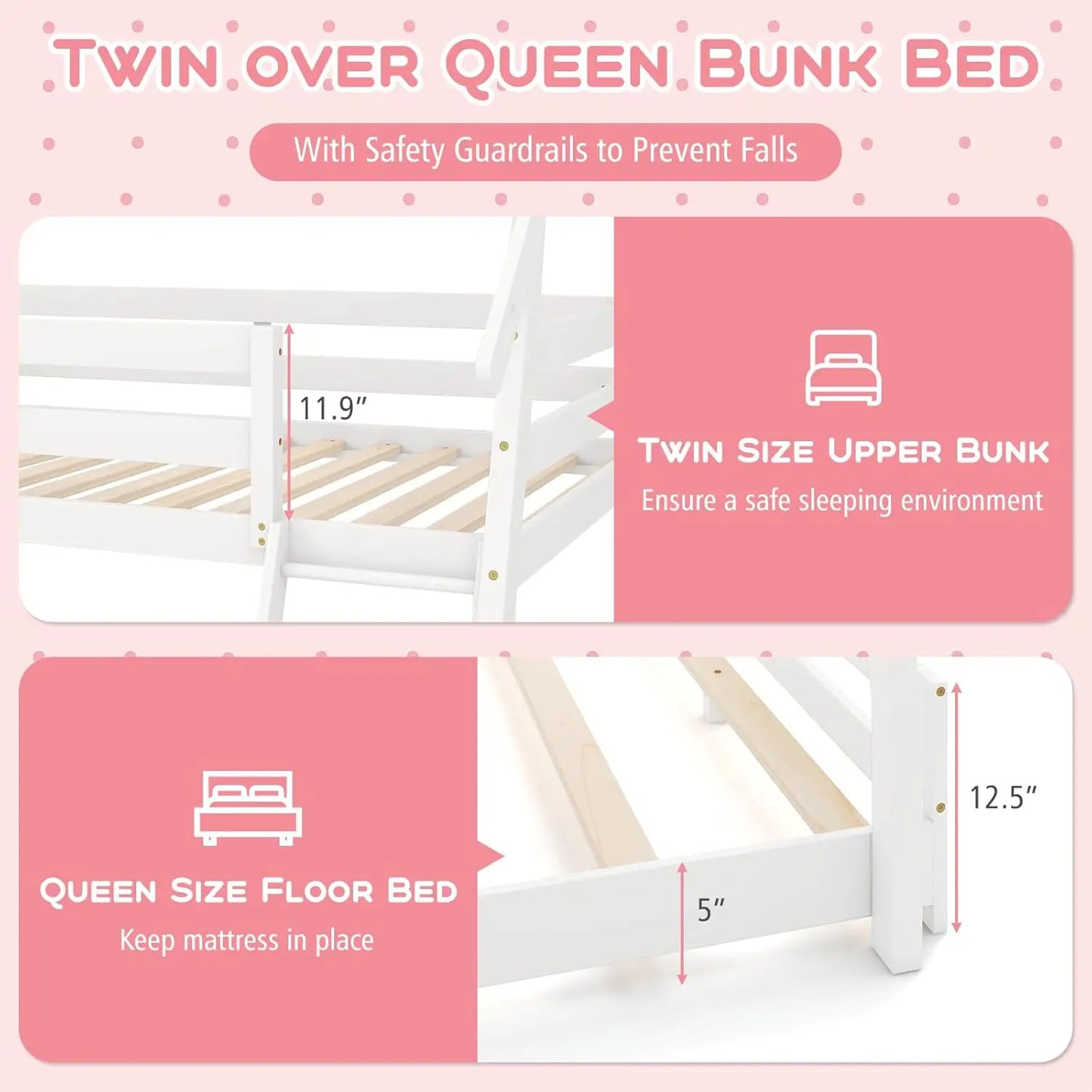 Twin Over Queen Bunk Bed, House Shaped Bed Frame with Climbing Nets and Ramp, Safety Guardrail, No Box Spring Needed