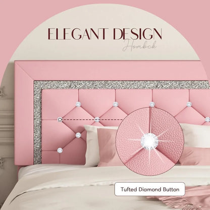 Twin Bed Frame, Pink Upholstered Bed Frame Twin Size with Diamond Tufted Headboard, Girls Twin Bed Frame