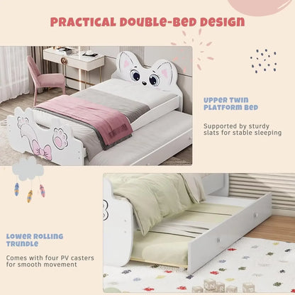 Merax Twin Size Children Cat-Shaped Platform Bed with Trundle, Wooden Bedframe, No Box Spring Needed, White