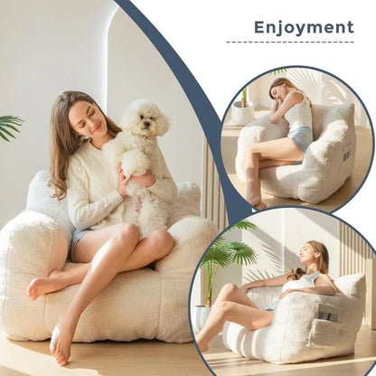 Sillón tipo puf Sherpa, sofá tipo puf con mechones de bouclé, sillón de salón para adultos y niños, sillón decorativo tipo sofá perezoso con bolsillo