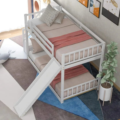 KLMM Solid Wood Low Bunk Bed for Kids Twin Over Twin Floor Bunk Bed with Slide and Stair, Stairway with Storage Shelves/Handrail