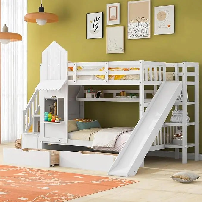 Litera doble con escalera y tobogán, estructura de madera maciza con cajones de almacenamiento y estantería, litera para niños