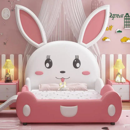 Cama de princesa rosa para niños de 3 a 16 años, muebles de madera maciza, linda cama con forma de conejo para dormitorio de niña con barandilla