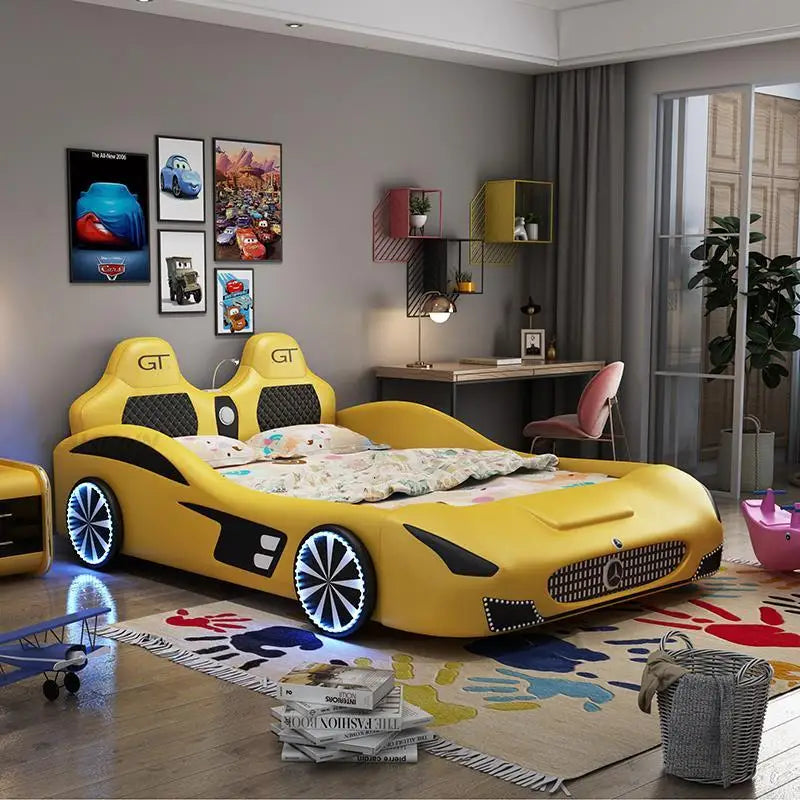 Cama doble Mavisun para niños con marco de coche de simulación de dibujos animados, luz azul fresca, amplia zona de descanso, muebles de dormitorio, cama para niños