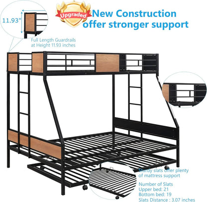 Literas dobles sobre camas matrimoniales con cama nido, estructura de cama de metal resistente con riel de seguridad y 2 escaleras laterales para niños, niñas y adultos