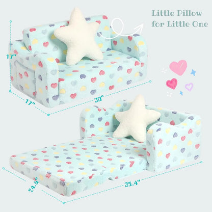 Sofá para niños pequeños con asientos más anchos, sofá suave 2 en 1 para niños pequeños plegable con almohada de estrella, sofá convertible en tumbona para niñas y niños