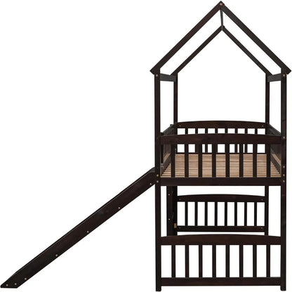 Twin Size Loft Bed with Slide, House Shaped Solid Pine Wood Frame w/Safety Guardrail & Ladder, No Box Spring Needed, Save Space