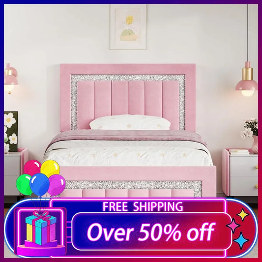 Twin Bed Frames with Headboard, Pink Upholstered Bed Frame with Velvet Vertical Channel Diamond Headboard, Twin Bed Frames