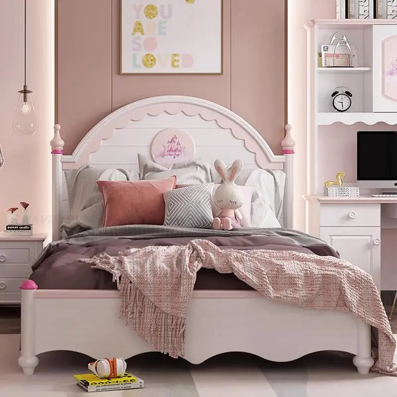 Cama sencilla para niños con mesita de noche, muebles de dormitorio para el hogar, armario a juego, hermosa cama infantil con marco de madera maciza para niñas