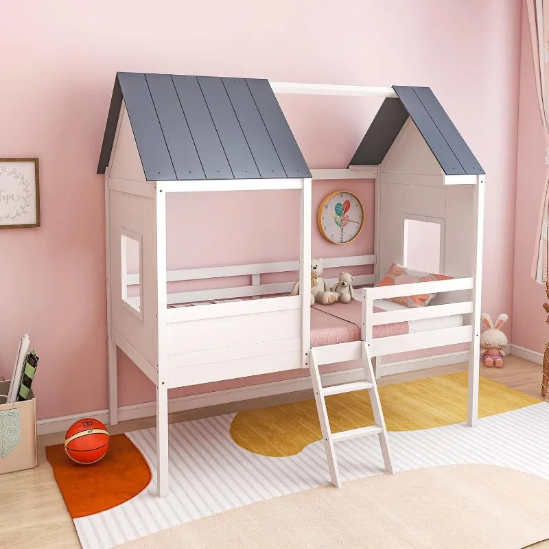 Estructura de cama tipo casa gemela, estructura de cama tipo loft baja para niños con techo, ventanas laterales y escalera, cama de juegos con soporte de listones de madera para niñas