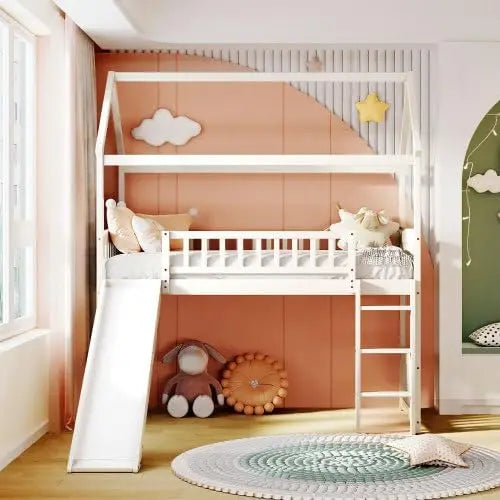 Cama alta tamaño doble con tobogán y escalera, estructura de cama de madera de pino macizo con forma de casa y barandilla de seguridad para niños, adolescentes y niñas.