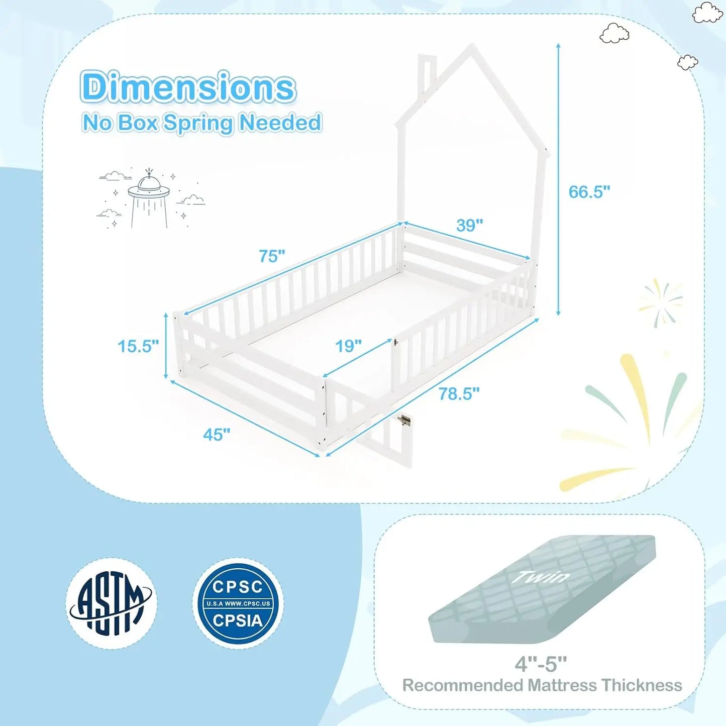 Lit double au sol, cadre de lit Montessori en forme de maison avec tête de lit, garde-corps sur toute la longueur, cheminée et structure en bois massif, sans