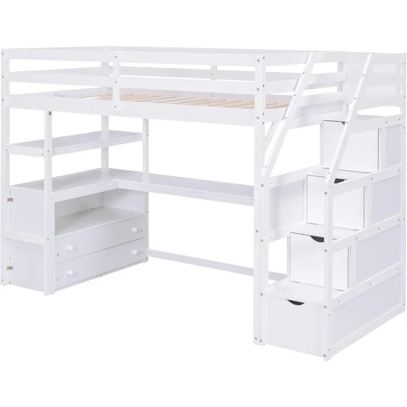 Cama alta con escalera de tamaño doble, escritorio en forma de L, estantes, cajones de dos niveles y escalera de almacenamiento, color blanco