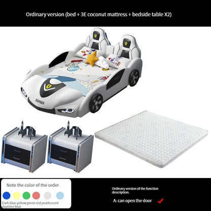 Cama infantil multifuncional con forma de coche para niños, marco de madera, dormitorio, cama versátil con dibujos animados y estilo con 2 mesitas de noche