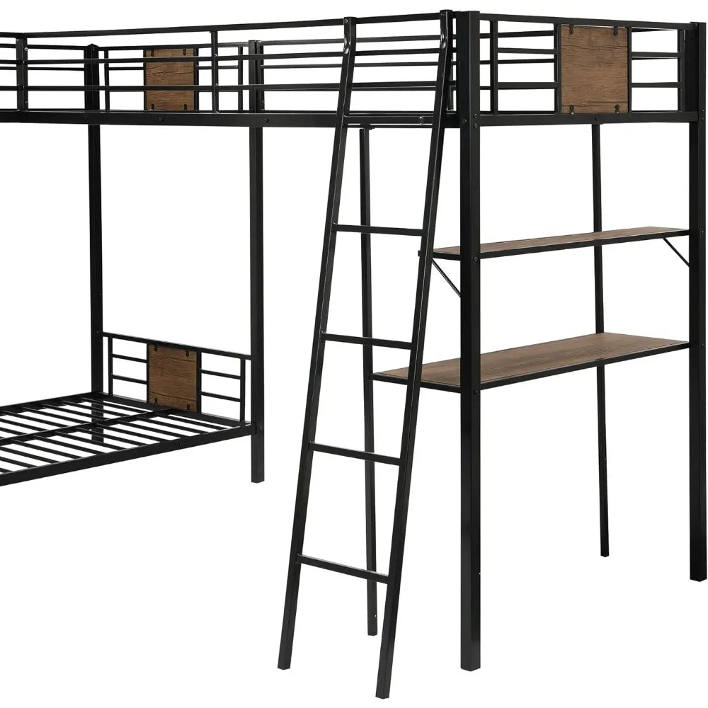 Loft Beds, L-Shaped Metal Corner Bunk Bed with Two Ladders, Twin Over Twin Bunk Bed with Twin Loft Bed W/Desk and Shelf, Beds