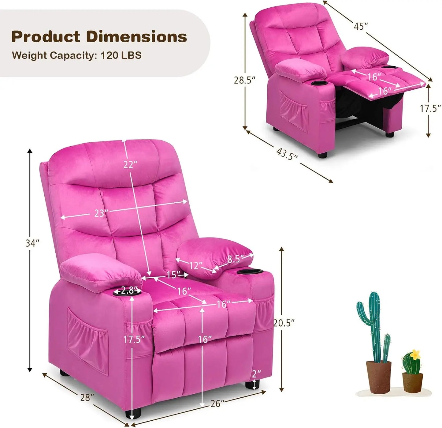 Kids Velvet Recliner Chair with Cup Holder, Footrest & Side Pockets for Children Boys Girls Baby Bedroom, Adjustable, Er