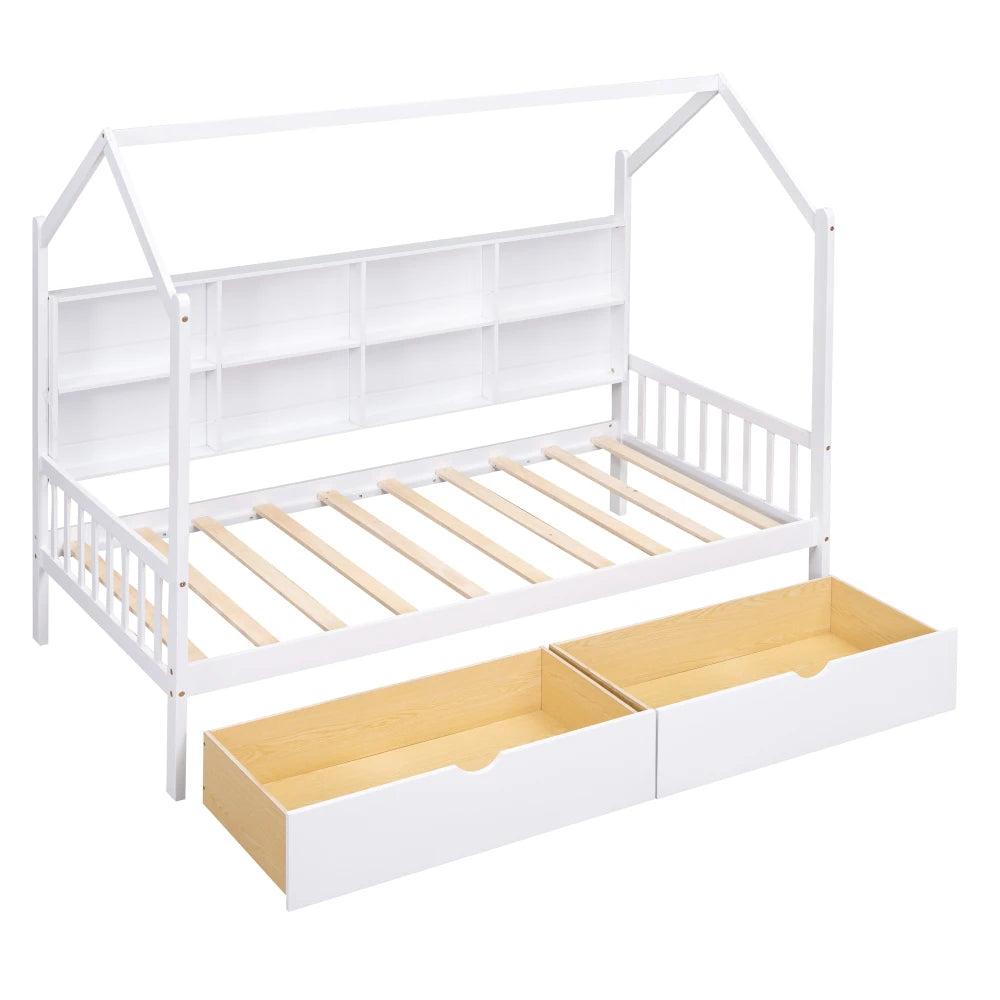 Lit double en bois avec 2 tiroirs, lit pour enfants avec étagère de rangement, un meilleur environnement de sommeil et un gain de place