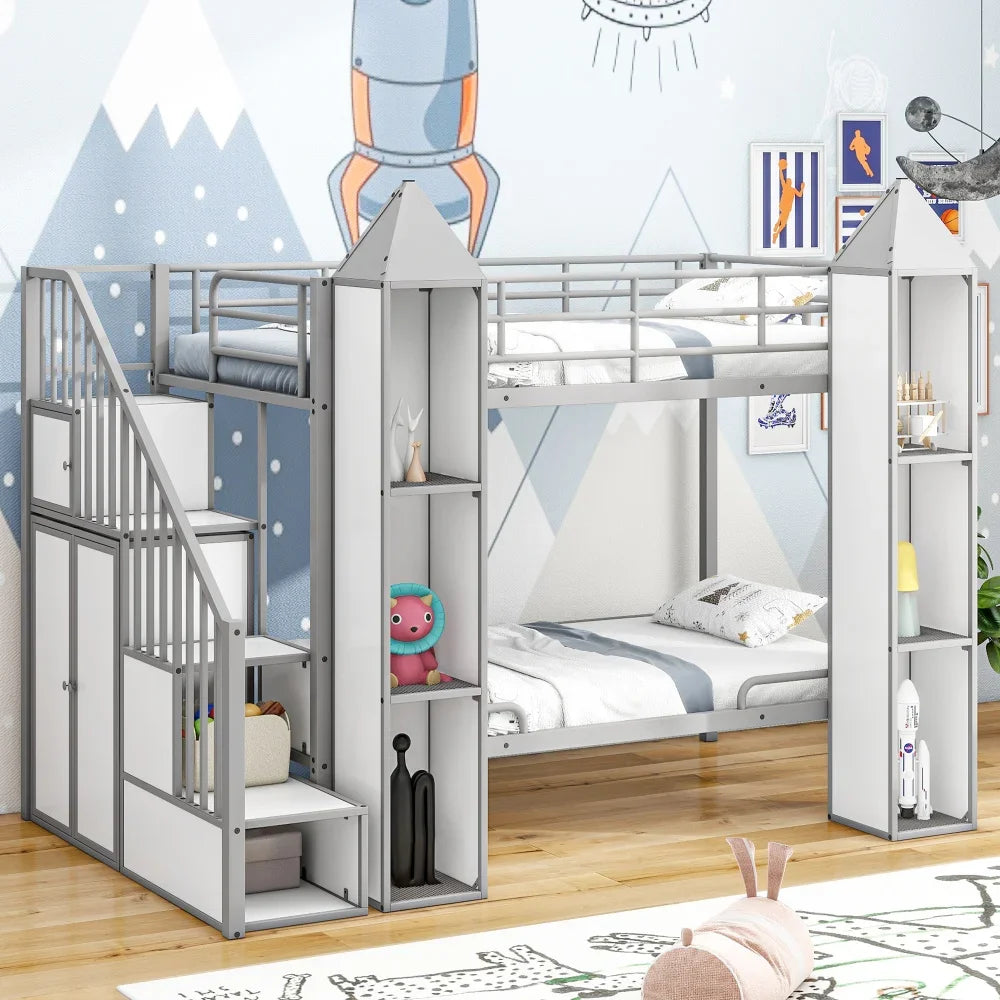 Metal Twin Over Twin Castle-shaped Bunk Bed with Wardrobe and Multiple Storage,Black+White Kids Beds for Boys Loft Beds Bunk Bed