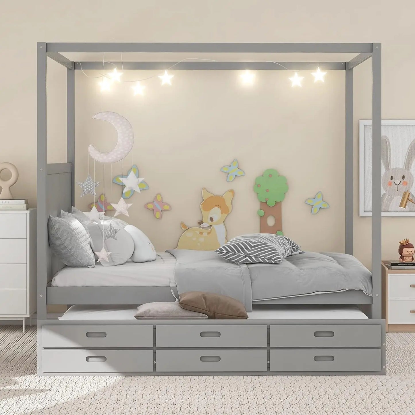 Cama con dosel tamaño queen con cama nido doble y tres cajones de almacenamiento, estructura de cama de madera para niños, adolescentes y niños